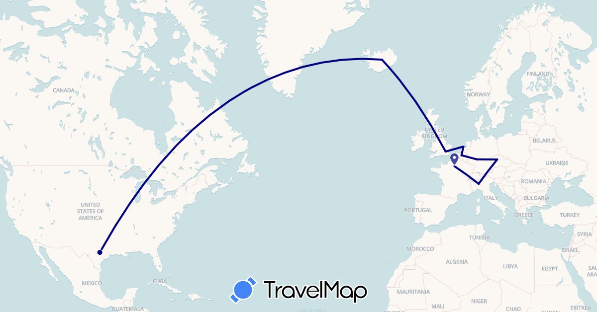 TravelMap itinerary: driving in Belgium, Czech Republic, Germany, France, United Kingdom, Iceland, Italy, Netherlands, United States (Europe, North America)